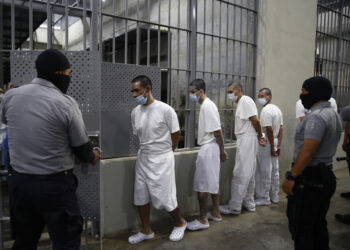 Grupo de reclusos en el Centro de Confinamiento del Terrorismo (Cecot) en El Salvador, hasta donde han llegado muchos migrantes. Foto: Rodrigo Saura/EFE